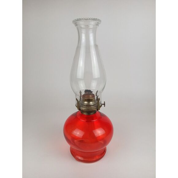 Unique Vintage Candy Red Oil Lamp With Clear Glass Chimney Fully Functional - Picture 4 of 9